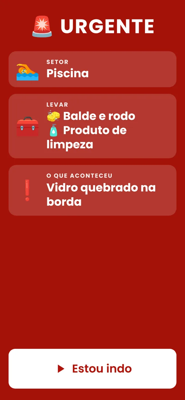 Tela de urgência em vermelho com setor, material e o botão Estou indo