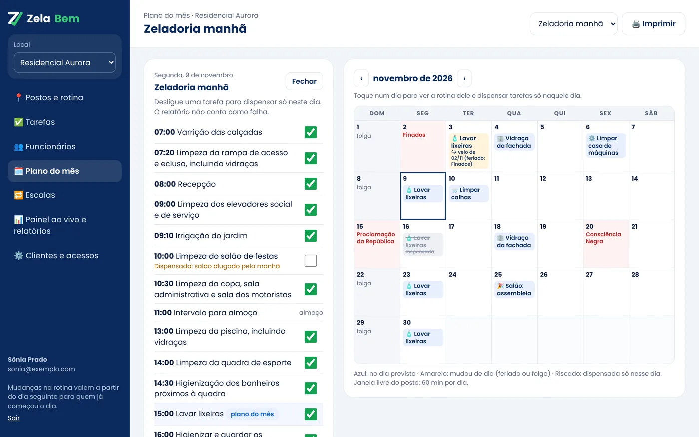 Plano do mês em calendário, com as tarefas extras de cada dia e a lista do dia ao lado